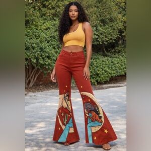 Ranch Dress’N Rust Brown Wide Leg Flare Jeans with Western Graphic size 20